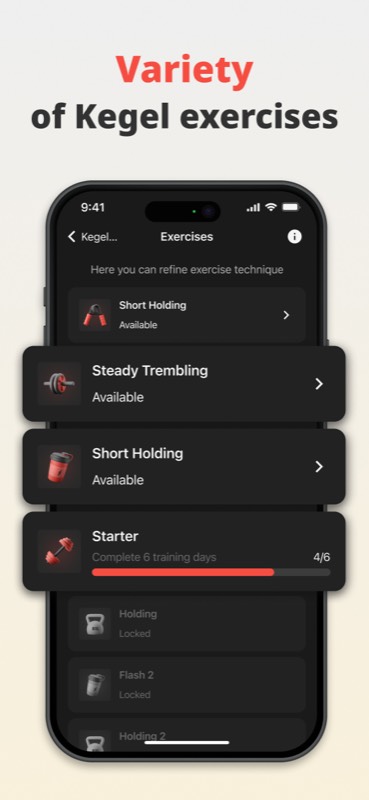 Variety of Kegel exercises available in the app